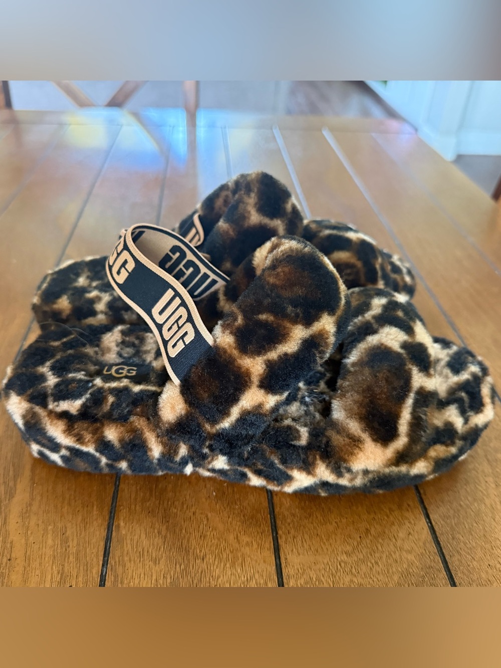 UGG Leopard Faux-Fur Slide Sandals with Logo Strap - Brown & Black